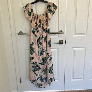 Pink Blush palm off shoulder dress